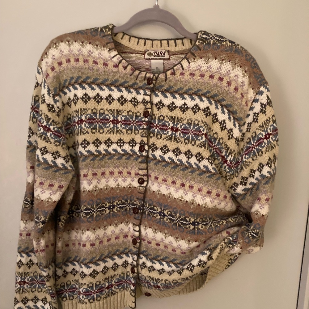 Multicolor fair isle print vintage cottage core Tiara sweater XL extra large